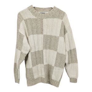 Vintage Womens Oversized Sweater Silk Angora Chunky Neutral Checkered 90s Size S